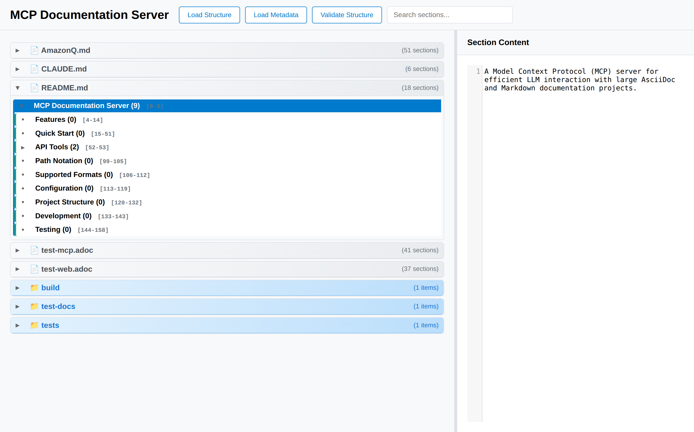 MCP Documentation Server Web Interface showing hierarchical document navigation